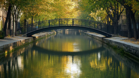 The tranquil beauty of the Canal Saint-Martin, with its iron footbridges and tree-lined banks.の素材