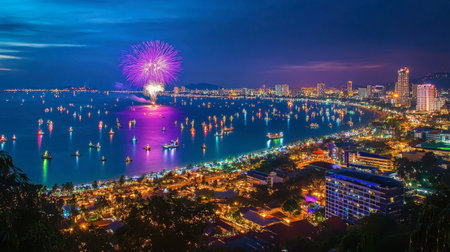 The vibrant Pattaya International Fireworks Festival, lighting up the night sky over the bay.の素材