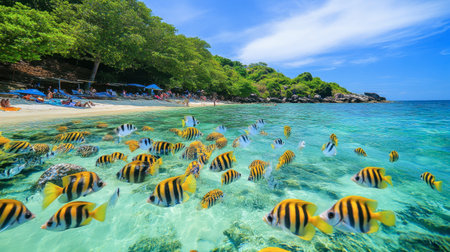 The vibrant coral reefs and tropical fish at Samae Beach on Koh Larn, a popular destination for water activities.の素材
