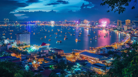 The vibrant Pattaya International Fireworks Festival, lighting up the night sky over the bay.の素材