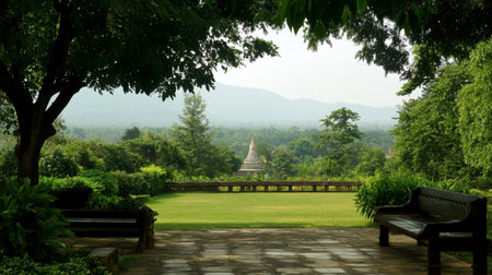 The tranquil view from Phra That Kham Kaen, a sacred stupa surrounded by lush greenery and a serene atmosphere.の素材