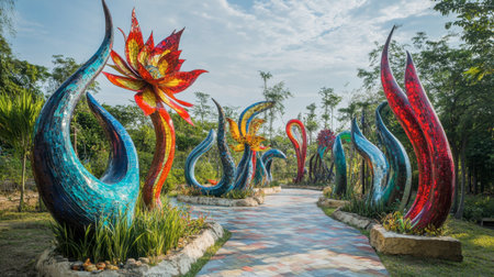 The unique and colorful sculptures at Love Art Park in Pattaya, offering a blend of art and nature.の素材