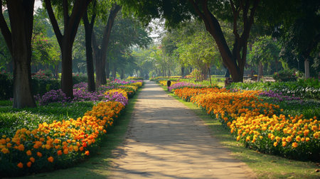 The vibrant flowers and peaceful pathways at Bueng Kaen Nakhon Park, a perfect spot for relaxation.の素材