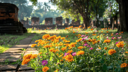 The vibrant flowers surrounding the ancient ruins at Prasat Muang Singh Historical Park.の素材