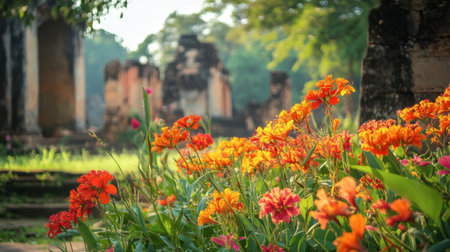 The vibrant flowers surrounding the ancient ruins at Prasat Muang Singh Historical Park.の素材