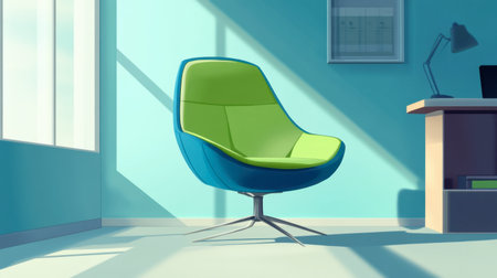 A blue and green cartoon chair with exaggerated curves, sitting alone in a minimalist cartoon office.の素材