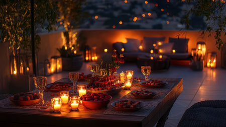A beautiful evening setting with candles and sweetmeats served on a terrace, creating an intimate atmosphere.の素材