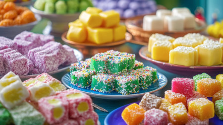A bright display of festive sweetmeats, including coconut burfi and colorful candy, perfect for celebrations.の素材