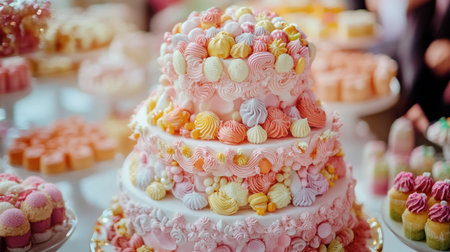 A beautifully decorated cake made of sweetmeats, showcasing a stunning design perfect for special occasions.の素材