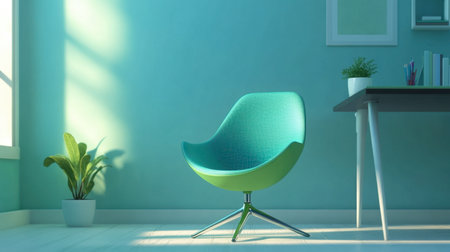A blue and green cartoon chair with exaggerated curves, sitting alone in a minimalist cartoon office.の素材