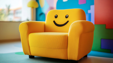 A cheerful yellow cartoon chair with a happy face drawn on the backrest, sitting in a bright, fun setting.の素材