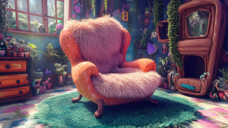 A cartoon chair with animal-like legs and a fluffy cushion, placed in a fantasy-themed room.の素材
