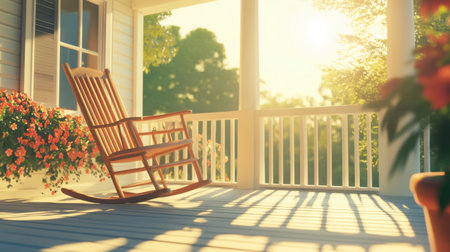 A cartoon-style rocking chair, gently swaying on a sunny porch in a simple animation frame.の素材