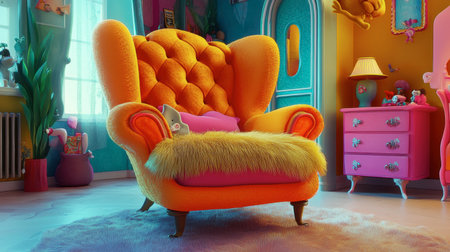 A cartoon chair with animal-like legs and a fluffy cushion, placed in a fantasy-themed room.の素材