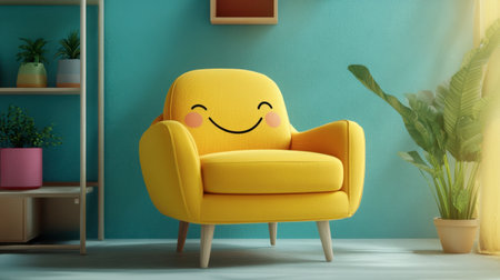 A cheerful yellow cartoon chair with a happy face drawn on the backrest, sitting in a bright, fun setting.の素材