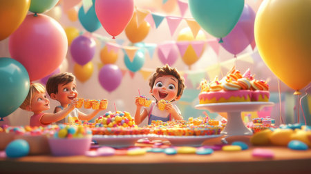 A cheerful celebration with children enjoying colorful sweetmeats during a birthday party, surrounded by decorations and balloons.の素材