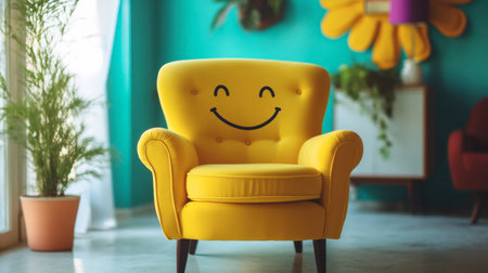 A cheerful yellow cartoon chair with a happy face drawn on the backrest, sitting in a bright, fun setting.の素材