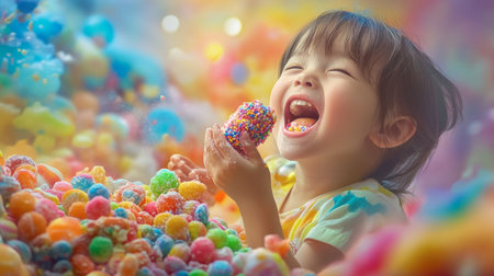 A child joyful expression as they taste a sweetmeat for the first time, surrounded by colorful candies and treats.の素材