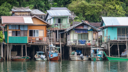 A charming seaside village in Phang Nga, with colorful houses and local fishermen preparing their boats for the day.の素材