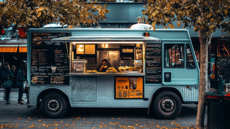 A charming food truck serving Northern street food, attracting hungry customers with its delicious offerings and vibrant decor.の素材