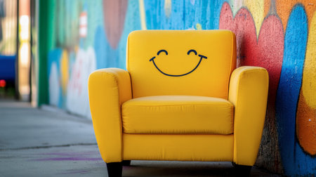A cheerful yellow cartoon chair with a happy face drawn on the backrest, sitting in a bright, fun setting.の素材