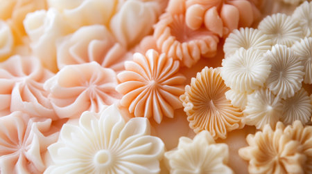 A close-up of beautifully piped sweetmeats, showcasing the skill and artistry involved in their decoration.の素材