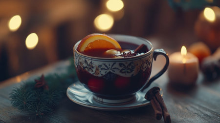 A close-up of a traditional Northern drink, such as mulled wine or herbal tea, served in a charming mug.の素材