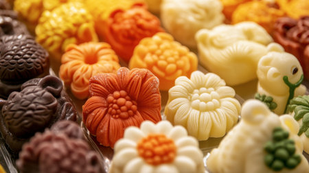 A close-up of sweetmeats shaped like animals and flowers, showcasing the creativity involved in their decoration.の素材