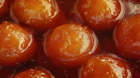 A close-up of shiny, syrup-drenched gulab jamuns, a classic sweetmeat, placed in a bowl of syrup.の素材