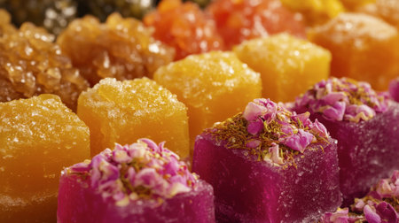 A close-up of sweetmeats made from exotic ingredients like rose petals and saffron, showcasing their unique textures.の素材