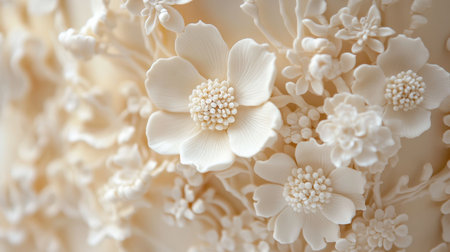 A close-up of sweetmeat decorations for a wedding cake, featuring delicate sugar flowers and intricate designs.の素材