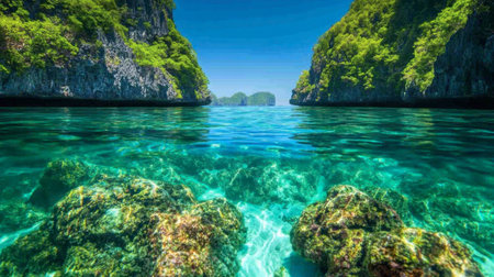 A close-up of the crystal-clear waters at Hong Island, highlighting the vibrant marine life and colorful coral reefs popular among snorkelers.の素材
