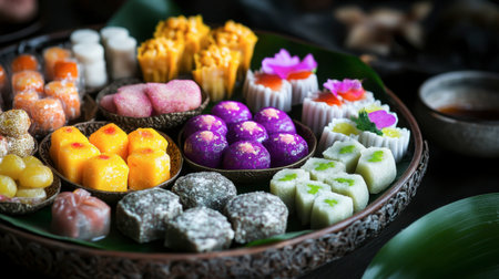 A collection of sweetmeats beautifully arranged on a traditional Thai platter, showcasing cultural heritage through food.の素材