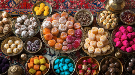 A colorful assortment of regional sweetmeats, each representing a different culture and tradition, displayed on a decorative table.の素材