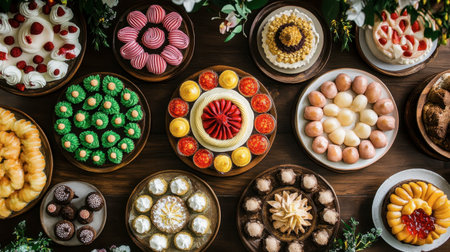 A collection of Northern desserts displayed on a beautifully arranged table, highlighting their colors and intricate designs.の素材