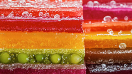 A close-up of colorful layered sweetmeats, each layer representing different flavors and textures.の素材