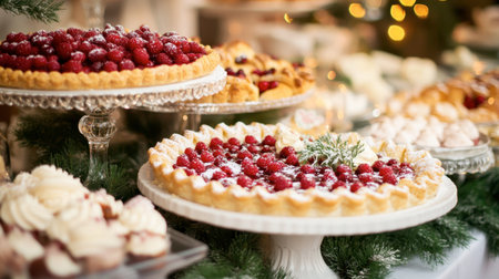 A close-up of traditional Northern desserts, such as berry pies and pastries, beautifully arranged on a dessert table.の素材