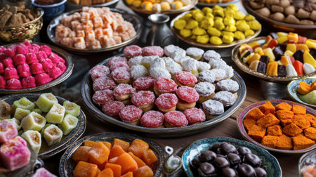 A colorful assortment of regional sweetmeats, each representing a different culture and tradition, displayed on a decorative table.の素材