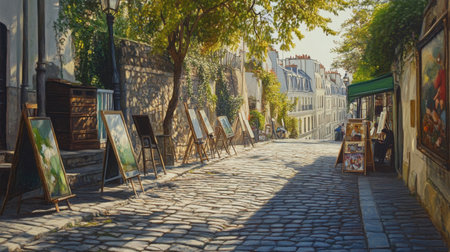 The quiet beauty of Montmartre cobblestone streets, with artists setting up their easels.の素材