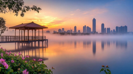 The scenic view of Kaen Nakhon Lake at dawn, with mist rising from the water and the city skyline in the distance.の素材
