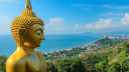The serene and spiritual atmosphere of Wat Phra Yai, home to a giant golden Buddha statue overlooking Pattaya.の素材