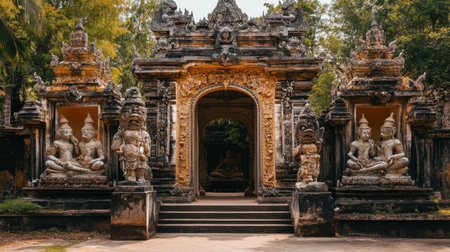 The impressive Chao Pho Khun Dan Monument, honoring a local hero with its intricate carvings and sacred statues.の素材