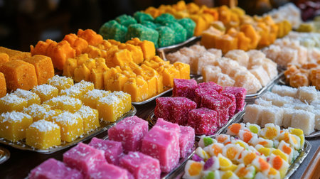 A bright display of festive sweetmeats, including coconut burfi and colorful candy, perfect for celebrations.の素材