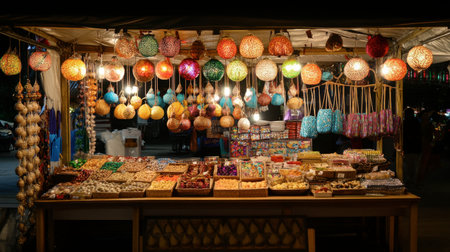 The vibrant local culture on display at the Kanchanaburi night market, with food stalls and crafts.の素材