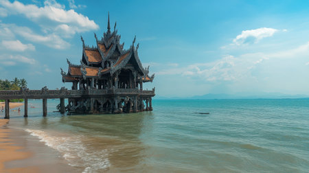 The tranquil Sanctuary of Truth, a majestic wooden temple with intricate carvings by the sea in Chonburi.の素材