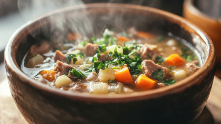 A close-up of a steaming bowl of Northern-style soup filled with fresh herbs, root vegetables, and chunks of meat, highlighting the dish's comforting nature.の素材