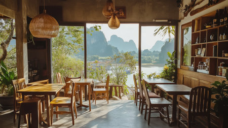 A charming coffee shop in Phang Nga, featuring local art, cozy seating, and views of the surrounding landscape.の素材