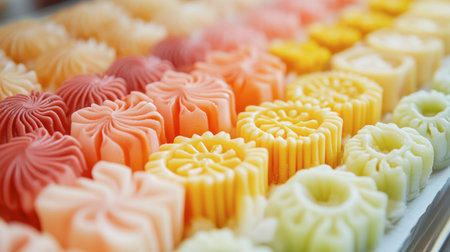 A close-up of beautifully piped sweetmeats, showcasing the skill and artistry involved in their decoration.の素材