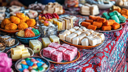 A colorful assortment of regional sweetmeats, each representing a different culture and tradition, displayed on a decorative table.の素材