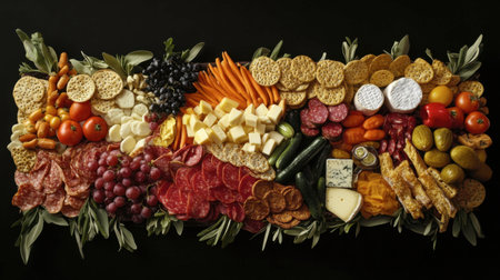 A collection of Northern snacks arranged on a platter, including pickled vegetables, crackers, and cheeses for sharing.の素材
